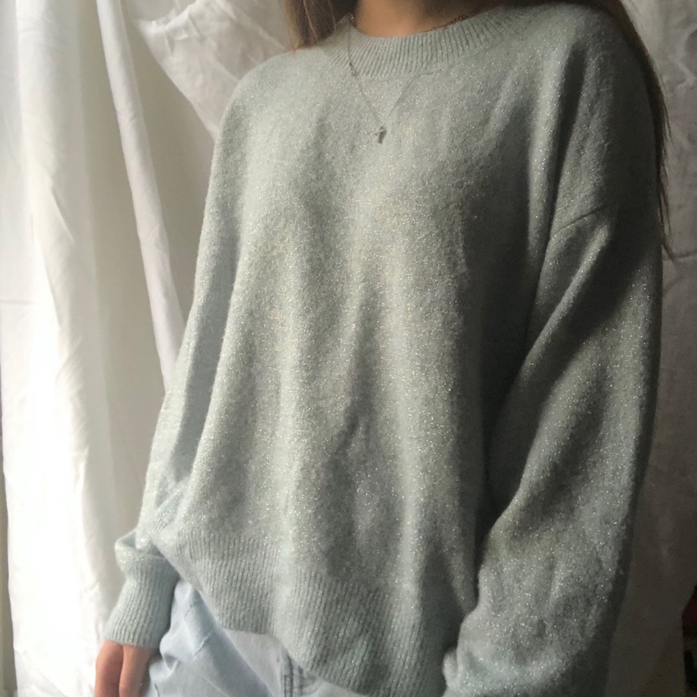h&m sparkly qua blue green soft crewneck sweater - Picture 2 of 4